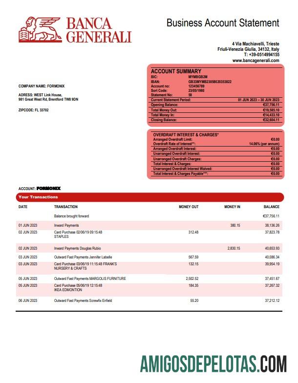 Baixável Banca Generali Organização Verificando Extrato de Conta Modelo Word e PDF